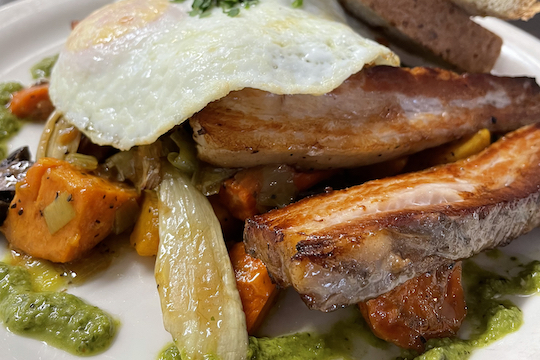 Fall Sweet Potato Hash, with Chimichurri and optional Braised Pork Belly